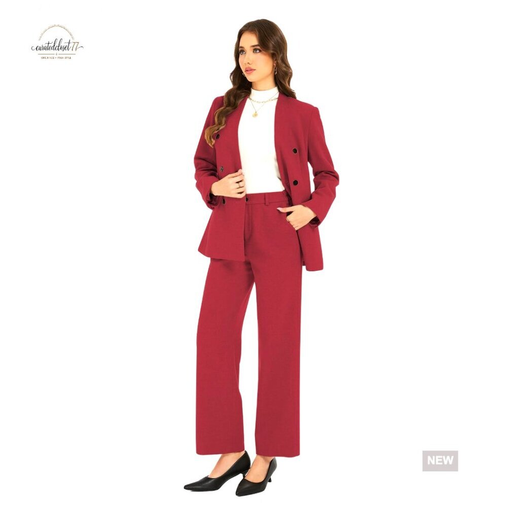Wool-Look Double Breasted Pantsuit Set for Work Formal Business Wear